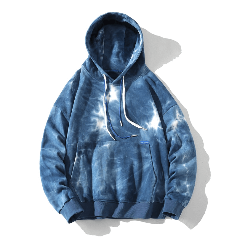 Oversized blue tie-dye cotton hoodie with hood and front pocket for men, offering a relaxed, breathable, and stylish fit.